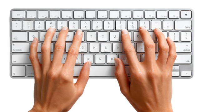 Hands Typing on Keyboard: An overhead shot captures delicate hands poised over a modern keyboard, their fingers dancing across the keys in a symphony of creation. A picture of pure functionality.
