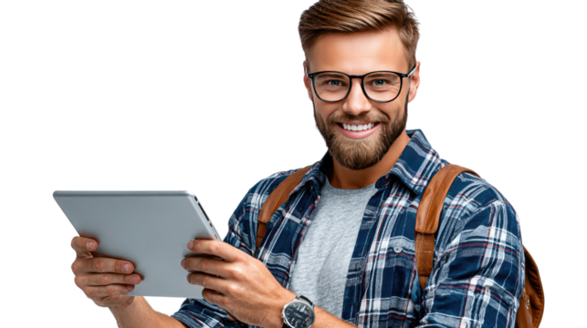 Student with Tablet: A studious individual, spectacles-clad, holds a sleek tablet, exuding confidence and competence in the digital age, evoking a sense of modern learning. 