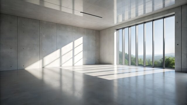 Photo of spacious modern interior with polished concrete floors and walls, featuring large windows that allow natural light and shadows to create a bright and airy atmosphere