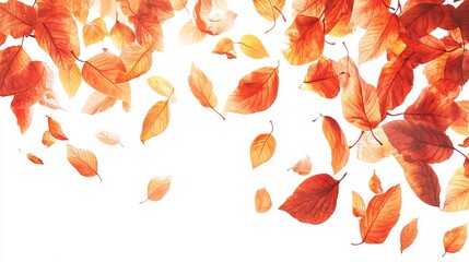 Falling autumn leaves against a white background, showcasing various shades of orange and red.  Perfect for seasonal designs
