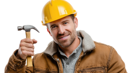 Smiling Constructor with a Hammer: A construction worker, exuding confidence and expertise, smiles while holding a hammer, showcasing his profession and skills.