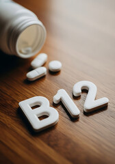 Vitamin b12 nutritional supplement pills and bottle on a wooden surface close up