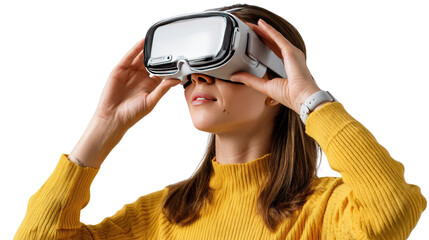 Immersive VR Experience: A woman is immersed in a virtual reality experience. Clad in a yellow sweater.