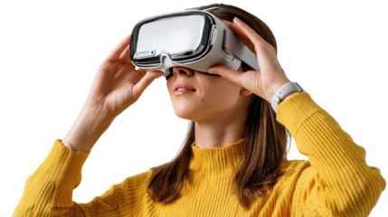 Immersive VR Experience: A woman is immersed in a virtual reality experience. Clad in a yellow sweater.