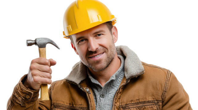Smiling Constructor with a Hammer: A construction worker, exuding confidence and expertise, smiles while holding a hammer, showcasing his profession and skills.