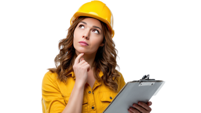 Thoughtful Constructor: A focused construction worker, adorned with a bright yellow helmet, contemplates the task at hand while holding a clipboard.