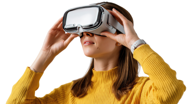 Immersive VR Experience: A woman is immersed in a virtual reality experience. Clad in a yellow sweater.