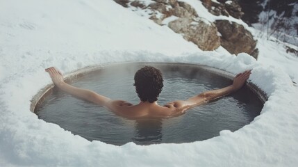 Man in a snow-ringed hot tub