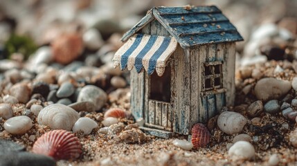 Miniature beach hut on sandy shore