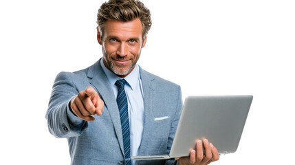 Businessman with Laptop: An elegant businessman, with a laptop and pointing his finger with direct gaze, in an inviting pose.