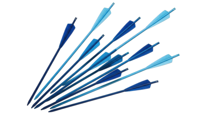 Clustered arrows angled, varying shades of blue, isolated on black background