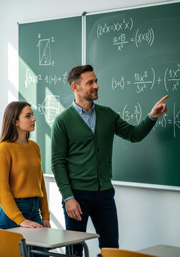 A male teacher points to a math problem on a blackboard while a female student attentively looks on.