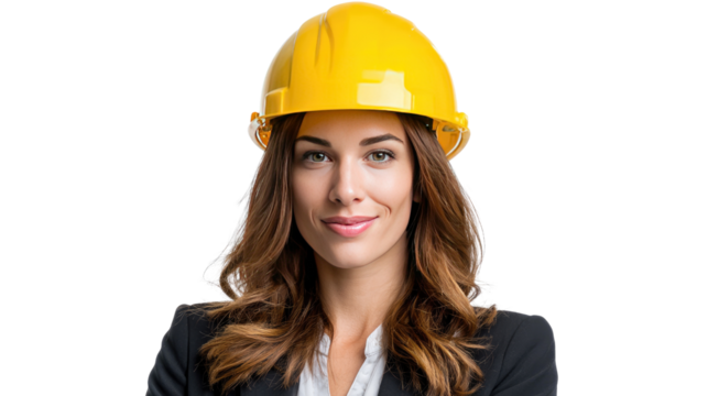 Confident Construction: A radiant female engineer, donning a yellow hardhat, exudes confidence and competence. This shot captures the modern female in a demanding field.