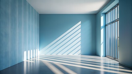 Photo of empty room with light blue walls and floor, featuring sunlight streaming through a large window, creating diagonal shadows and a serene atmosphere
