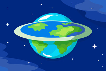 Stylized flat earth model floating in a starry cosmic expanse