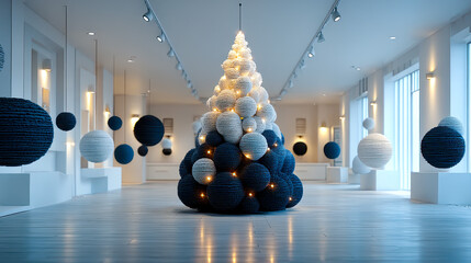 Modern Christmas Tree Made of Knitted Balls in Art Gallery
