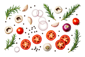 assortment of fresh ingredients for cooking including tomatoes, onions, garlic, mushrooms, and rosemary isolated on transparent background