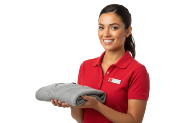 Smiling retail employee in red uniform holding folded gray sweater