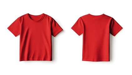 Red T-shirt template, front and back view, isolated on a white background, in a flat lay. Mockup for design print presentation,