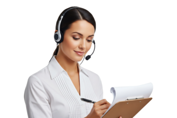 Smiling female call center agent wearing headset writing on clipboard, customer service concept