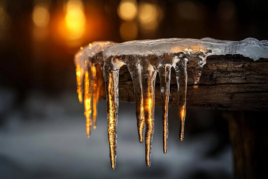 Melting icicles on tree branch as sunlight glows during the first signs of spring in a tranquil forest