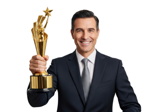 Smiling businessman in suit holding a golden star-shaped trophy, achievement and success concept - Powered by Adobe