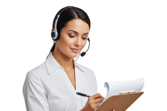Smiling female call center agent wearing headset writing on clipboard, customer service concept