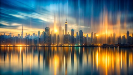 Naklejka premium Photo of a vibrant cityscape skyline at dusk, with colorful lights reflecting on the water, creating a dynamic and energetic urban atmosphere