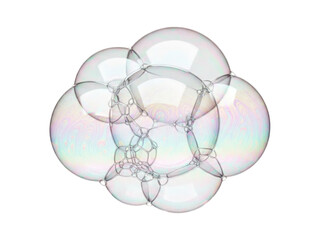 Cluster of iridescent bubbles against black backdrop, forming a connected structure