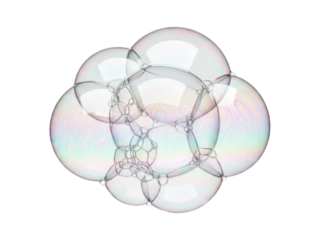 Cluster of iridescent bubbles against black backdrop, forming a connected structure