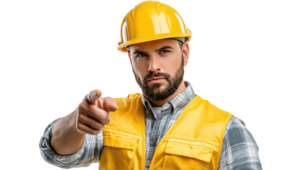 Focused Foreman: A construction foreman, clad in a yellow hardhat and vest, directs attention with a pointed finger, embodying confidence, leadership, and the focus of direction.