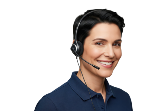Smiling female customer service representative with short hair wearing headset, professional call center support