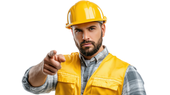 Focused Foreman: A construction foreman, clad in a yellow hardhat and vest, directs attention with a pointed finger, embodying confidence, leadership, and the focus of direction. - Powered by Adobe