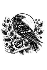 Raven and rose isolated on white background