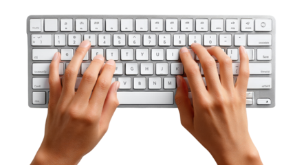 Typing Dynamics: Hands gracefully engage with the keys of a modern keyboard, depicting the seamless flow of digital interaction and modern communication.