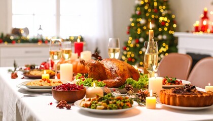 Fototapeta premium Festive Christmas Dinner Table with Roasted Turkey Candles and Sparkling Wine.