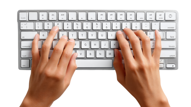 Typing Dynamics: Hands gracefully engage with the keys of a modern keyboard, depicting the seamless flow of digital interaction and modern communication.