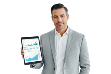 Confident businessman presenting financial data on tablet
