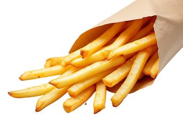  golden brown crispy french fries spilling out of a brown paper bag, isolated on transparent background