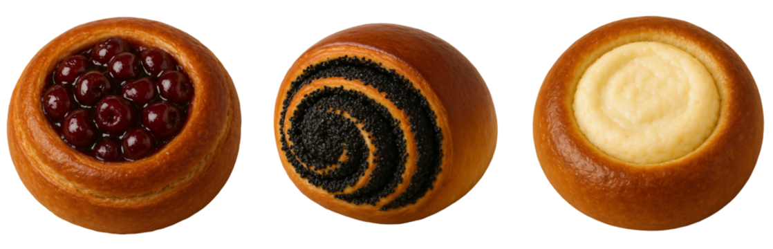 set of delicious sweet buns with a large number of fillings. bun with poppy seeds. bun with cherries. bun with sour cream