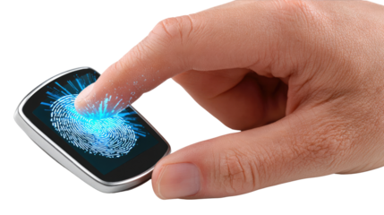 Fingerprint Scan Technology: A close-up perspective reveals a hand interacting with a sleek device, a fingerprint illuminates the screen showcasing innovative technology. 