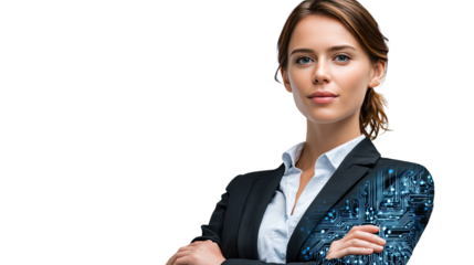 Technological Visionary: A confident business woman, embodies the intersection of human intellect and technological advancement, portraying the fusion of innovation and determination.