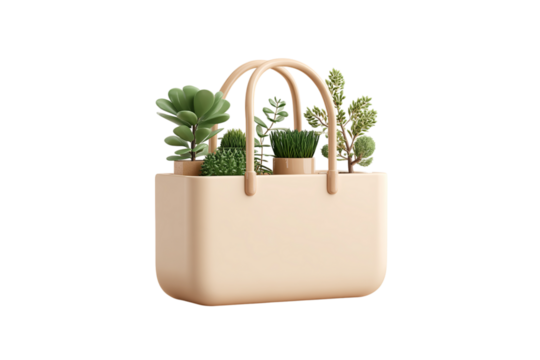 A modern and minimalist shopping bag made of beige plastic with a handle, containing small plants inside, on a white isolated on a transparent background in PNG format.