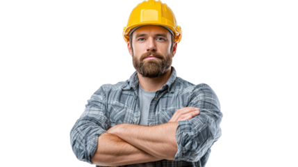 Construction Worker with Confident Stance: A builder, exuding confidence, stands with arms crossed, a yellow safety helmet and a composed gaze.