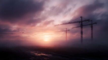 Dramatic construction site at dawn under a misty sky