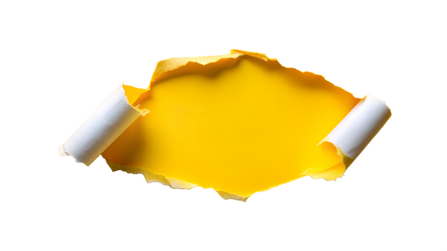 Photo of torn paper with yellow background isolated on transparent background, representing a hole or blank space for copy