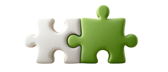 Obraz premium Two interlocking jigsaw puzzle pieces, one white and one green, symbolizing connection and collaboration.