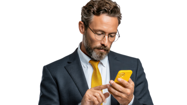 Focused Professional on Smartphone: A sophisticated professional, immersed in focus, engages with his smartphone, possibly managing business affairs. Captured with a close-up and detailed precision.  - Powered by Adobe