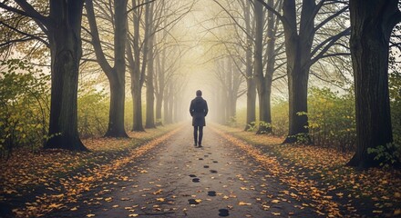 A Solitary Journey Down a Foggy Autumn Path Leaving Footprints Behind
