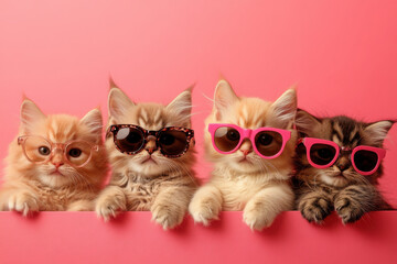 Fototapeta premium Four kittens wearing fashionable sunglasses posing on gray background